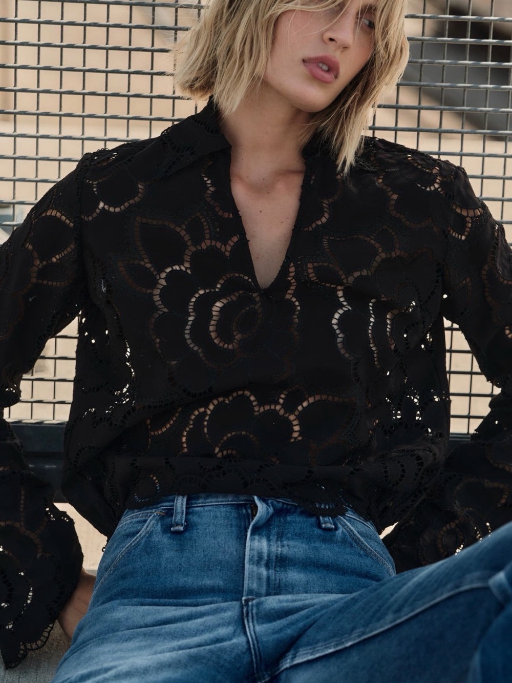 CISSA Black Open-Stitch Floral Cotton Lace V-Neck Blouse